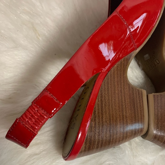 Red Patent Leather Peep Toe Slingback Wedges { Franco Sarto } - Picture 6 of 11